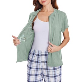 Deyeek Mastectomy Shirts with Drain Pockets Post Shoulder Surgery Tops for Women Chemo Port Short Sleeve with Zippers