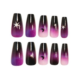 MISUD Goth Press on Nails Long Coffin Fake Nails Glossy Glue on Nails Purple Black Ombre Acrylic Nail Supplies Ballerina Artificial Nail Art Star Moon Stick on False Nails with Design DIY 24 pcs