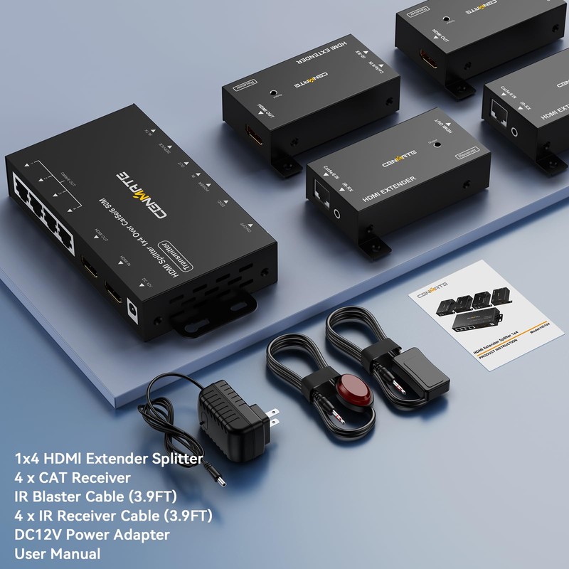 CENMATE 1x4 HDMI Extender Splitter, Up to 165FT Over CAT5e/6/7,