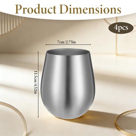 Exclaith 4 Pack Silver Wine Glasses 18oz Stemless Wine Tumbler Glass Stainless Steel Unbreakable Wines Glasses Metal Drinking Cups for the Pool, Camping, Cookouts, Travel