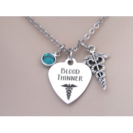 Medical Alert Blood Thinner Heart Necklace W/Caduceus Charm and Birthstone, Blood Thinner Medical Awareness Jewelry