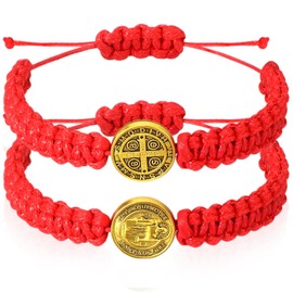 Fumete 2 Pcs Catholic Bracelets Saint Benedict Medal Gifts Adjustable String Bracelets Religious Gifts for Men Women Birthday Holiday (Red,Gold)