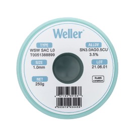 Weller WSW SAC L0 (T0051388899) Lead Free Solder Wire, Dia: 1.0 mm / 0.039 in, Wt: 250 g / 8.818 oz, Alloy Sn96.5Ag3.0Cu0.5, Flux content 3.5%