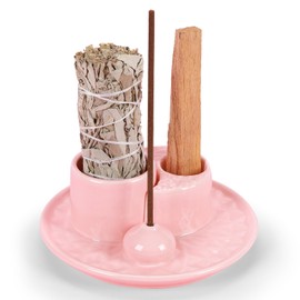 Handmade Ceramic Incense Burner for Palo Santo Incense Sticks, 4 in 1 Multi-Purpose Sage Holder for Burning, Ash Catcher Tray for Meditation Yoga Room-Moon Style Pink
