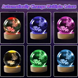 3D Butterfly Crystal Ball 80mm Gifts for Girlfriend Wife Mom Novelty Glass Decorative Ball for Home with Colorful LED Wooden Base Romantic Christmas Birthday Gifts for Girls (3D Butterfly with Flower)