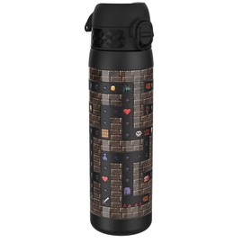 Ion8 Steel Water Bottle, 600ml, Leak Proof, One-Finger Open, Dishwasher Safe, Flip Cover, Fits Cup Holders, Spill-free On-The-Go, Carry Handle, Durable, Raised 3D Print, Black, Gaming Design