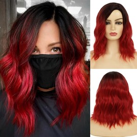 Baruisi Ombre Red Wig Short Curly Wavy Bob Wigs for Women Synthetic Dark Roots Side Part Cosplay Hair Wig