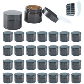 Lustervial 2Oz Small Amber Glass Jars with Lids, 30Pack Lotion Container, Cosmetic Containers, Little Travel Jars for Creams with Mini Spoon, Black Label