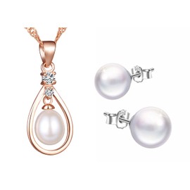 Yumilok Women's Stud Earrings Necklace with Pearls Tear Drop Pendant Stud Earrings Piercing Earrings Jewellery Sets 925 Sterling Silver for Gift Women Girls, Sterling Silver, Pearl