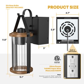 NookNova Porch Light with Outlet GFCI Dusk to Dawn Outdoor Lights for House Waterproof Exterior Lighting Fixtures Wood Look Glass Modern Front Porch Garage