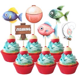 Ephlyn 36Pcs Fishing Cupcake Toppers Gone Fishing Party Cupcake Picks for Fisherman Birthday Party Decorations Fisherman Fishing Pole Theme Party Baby Shower Supplies