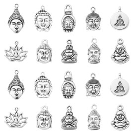 Stiesy 100Pcs 10 Styles Antique Religion Charms Tibetan Silver Buddhism Buddha Lotus with Yoga Dangle Charms for Jewelry Making DIY Crafts Gift