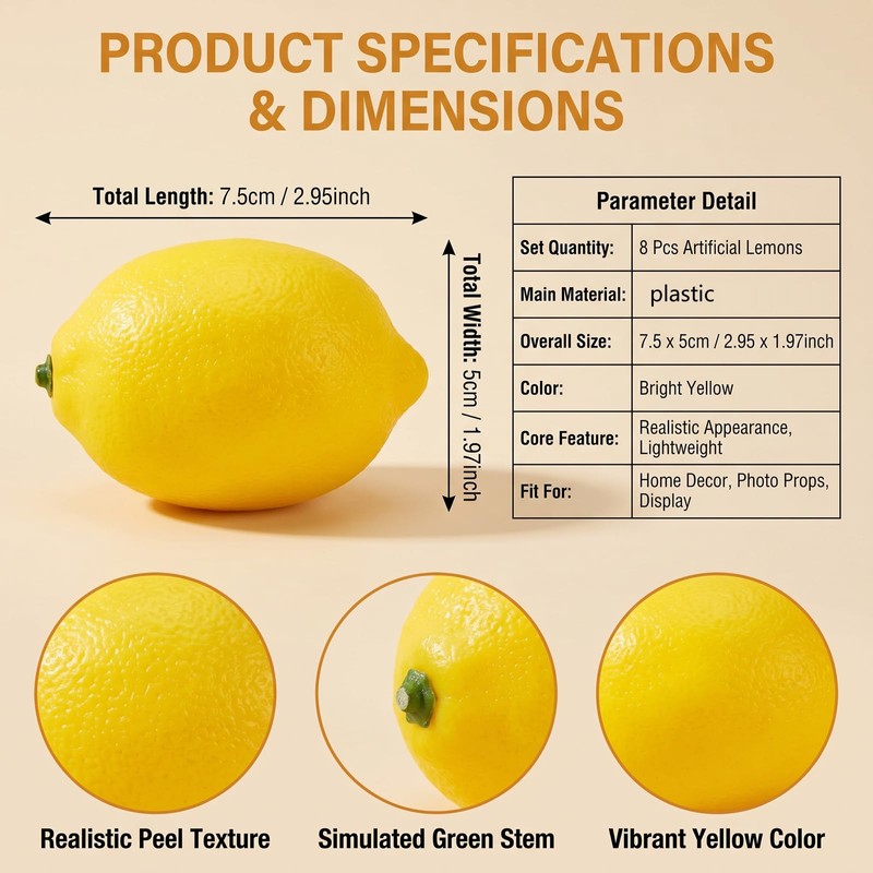 8 Pcs Artificial Lemons Fake Fruit