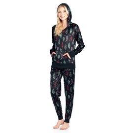 Ashford & Brooks Women's Mink Fleece Hoodie Pajama Set - Black Tuquoise Feather - 2X-Large