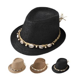 Straw Fedora Sun Hat UV Protection Short Brim Beach Hat Adjustable Trilby Hats for Men Women, Black, One Size