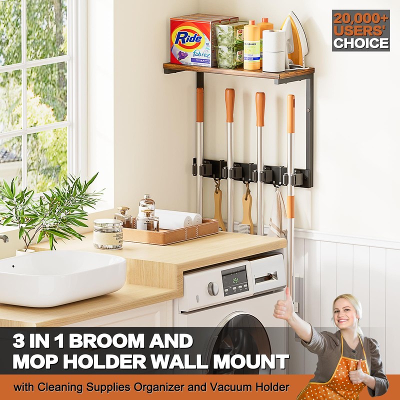 Broom Holder Wall Mount with Cleaning Supplies Organizer, Laundry Room
