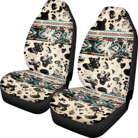 FUIBENG Set of 2 Western Aztec Cow Automotive Seat Cover Full Set Car Protection Accessory,Comfy Elastic Front Seat Covers for Most Vehicle,Durable Elastic Car Seat Cushion