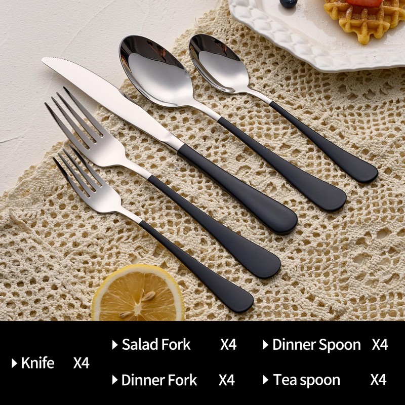 DINYWOW 20-Pieces Black Silverware Sets for 4,Black Handle Stainless Steel