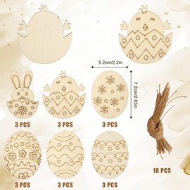 36pcs Easter Wooden Hanging Ornaments, Unfinished Easter Egg Cutouts Wood Slices Hanging Embellishments with 36 Twines for Kids Painting DIY Craft Easter Party Decorations Supplies