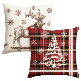 Artoid Mode Buffalo Plaid Tree Deer Snowflake Christmas Cushion Covers Set of 2, 45x45 cm Decorative Pillow Case Cover Sofa Living Room Outdoor Decor