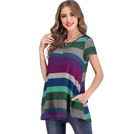 Women's Short Sleeve Striped Tunic Tops with Pocket Blouse for Legging Loose Fit Casual Swing Midi Dress (XXL,Purple)
