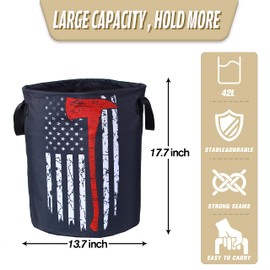 American Flag Red Line Ax Laundry Basket Firemen Foldable Oxford Cloth Funny Tote Bag Laundry Hamper Clothes Storage Bucket Organizer For Bathroom/Laundry Storage /Bedroom17.7x13.7Inch