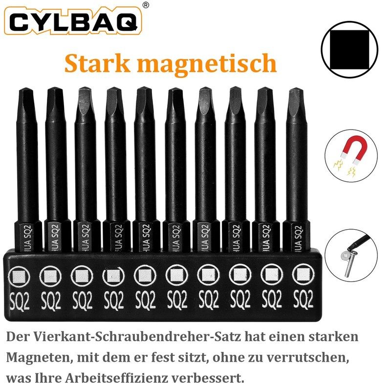Pack of 10 Square Screwdriver Bits 60 mm, CYLBAQ Hex