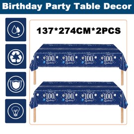 2Pcs Navy Blue Happy 100th Birthday Party TableCloth,137*274cm Plastic Blue and Sliver 100th Table Cloth for Man Men Him Birthday Table Decorations Disposable Party Tablecover for 100th Birthday Party