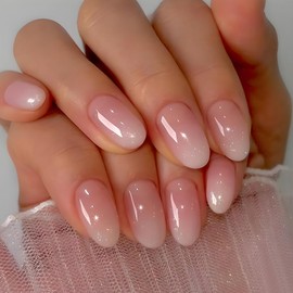 Ceboic Press on Nails Short Almond, French Nails for Sticking, Pink White Colour Gradient Artificial Nails with Nail Glue Sticker, Acrylic Artificial Nails, Natural Square Fingernails, Fake Nails for