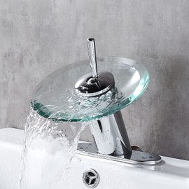 RODDEX Waterfall Bathroom Sink Faucet Unique Brass Modern Circle Glass Waterfall Faucet for Basin Vanity Single Hole Pedestal Sink Faucets One Handle Corner Sink Bathroom Faucet, Polished Chrome