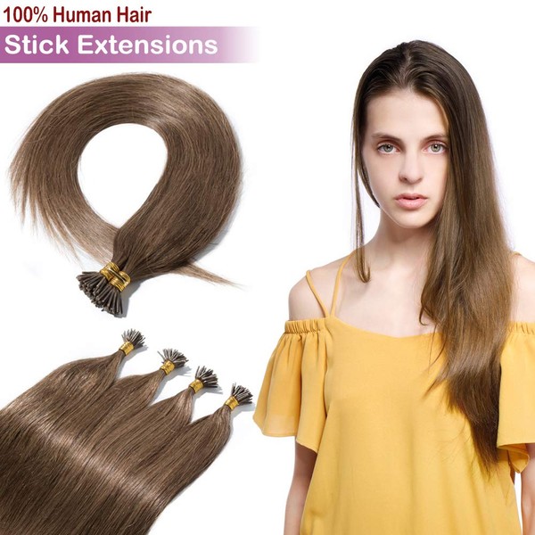 Pre Bonded Fusion Hair Extensions Remy Keratin Beads Invisible Itip Real Human Hair Extension Italian Stick Tipped Glue Hairpiede Salon Quality I Tip Hair For Women 20" 100 Strands 50g #06 Light Brown