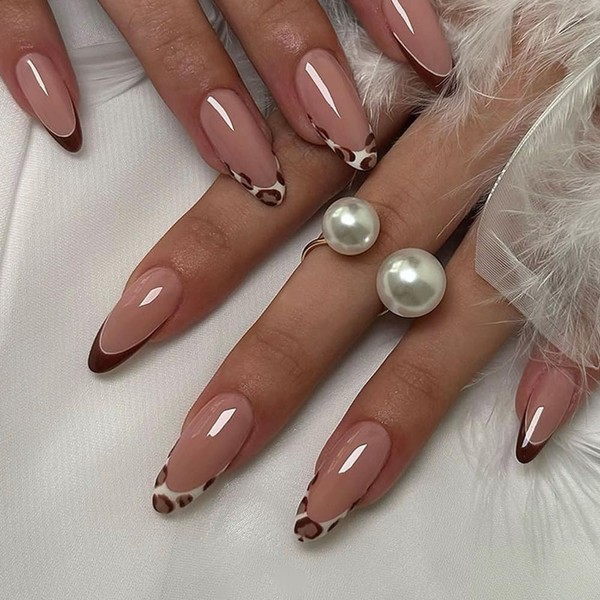 24 Pieces Brown French Tip Press on Nails, Almond Shape