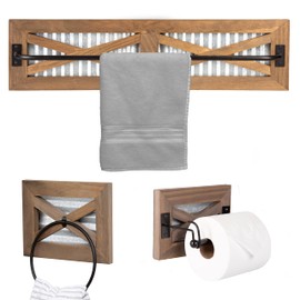 Crutello Rustic Towel Bar Toilet Paper Holder Set with Towel Ring for Bathroom- Wall Mounted Bathroom Racks - Weathered White Wood, Galvanized Backing & Black Metal Bar, Farmhouse Decor