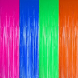 Pack of 4 Neon Foil Fringe Curtains 200 x 100 cm Luminous Tinsel Garlands Background for Fluorescent Party Decoration (Green, Pink, Blue, Orange)
