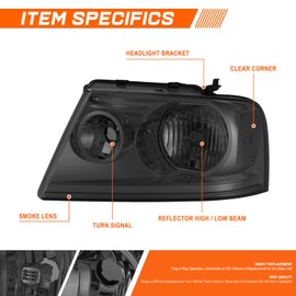 PM PERFORMOTOR Headlights Assembly Compatible with 2004-2008 Ford F150 / 2006-2008 Lincoln Mark LT Pair of Halogen Headlamps with Smoked Lens Clear Reflector