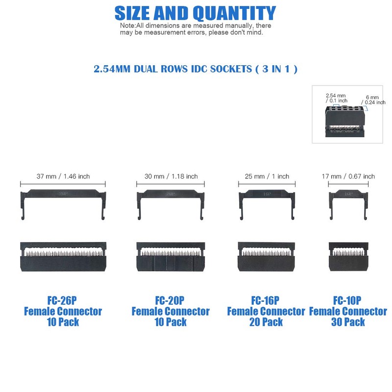 Glarks 70Pcs 2.54mm Pitch Dual Rows IDC Sockets 10 16