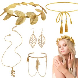 5Pcs Greek Goddess Costume Accessories Set, Fancy Dress Include Golden Laurel Leaf Headpiece, Necklace, Earring, Waist Chain, Arm Ring, Greek Goddess Dress Up for Women Vintage Party, Bridal Wedding