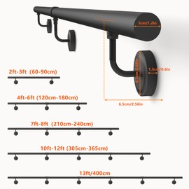 13FT Industrial Metal Stair Handrail,Round Pipe Stair Railing for Indoor/Outdoor Steps,Wall Mount Support Staircase Handrails,440LBS Load Capacity Hand Rails,Safety Grab Bar Porch Stairway Railing