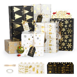 Christmas Wrapping Paper, Gold and Black Set with Gift Tags, Elk, Snowflake Pattern, Modern Stylish Xmas Wrapping Paper for Gift Wrapping, 6 Sheets, 70 x 50 cm