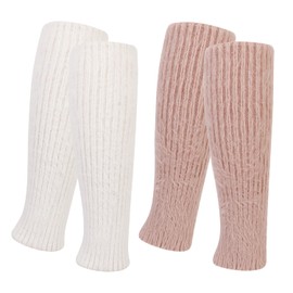 QKURT 2 Pairs Fluffy Ankle Leg Warmer, Winter Knit Crochet Women's Leg Warmer Knee High Leg Warmers for Winter (Pink+White)