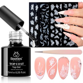 Beetles Gel Top Coat With 6 Pcs Nail Stickers for Nail Art, 5D Rhinestones Sticker Spring Embossed White Flower Design with Nail Tweezer Pegatinas Uñas Nail Gems Decorations for Women