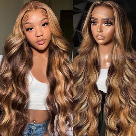 ZHUOBEI 4/27 Honey Blonde Ombre Lace Front Wig Human Hair 13x6 HD Highlight Body Wave Lace Frontal Wigs Glueless Wigs Human Hair Pre Plucked with Baby Hair 200 Density 24Inch