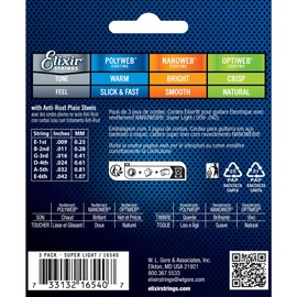 Elixir Elixir Strings Electric Guitar Strings with NANOWEB Coating, 3 Pack, Super Light .009-.042 (16540)