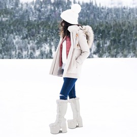 Accloris White Platform Knee High Boots For Womens Warm Faux Fur Lace Up Side Zipper Chunky Heel Punk Goth Winter Snow Mid Calf Boots Size6.5