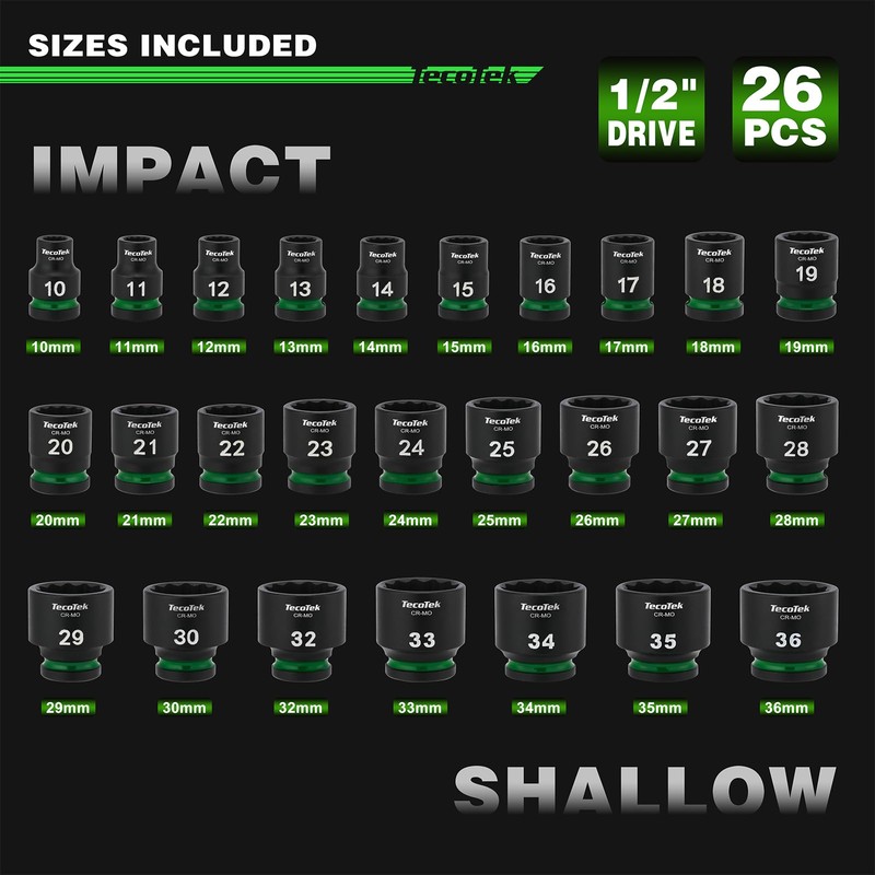 TecoTek 26 Pieces 1/2-Inch Drive Shallow 12-Point Metric Impact Socket