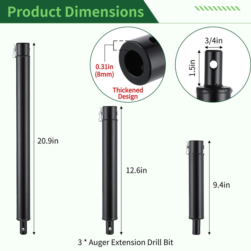 3 PCS Auger Extension Drill Bits, 3/4” Shaft Earth Auger
