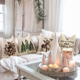 Christmas Pillow Covers 18x18 Set of 4 Christmas Decorations Christmas Pillows Decorative Throw Pillow Covers Linen Cushion Covers for Couch Sofa Christmas Docor