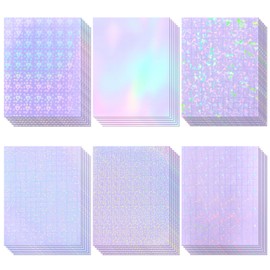 36 Sheets Holographic Sticker Paper, Clear Vinyl Lamination Sticker Film Self Adhesive, Transparent Overlay Laminate Sticker Paper Waterproof-Gem/Dots/Sand Star/Rainbow/Star/Heart, 8.5x11 Inch