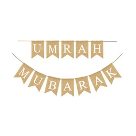 Umrah Mubarak Hessian Banner – Rustic Burlap Flag Bunting for Umrah Decorations | Islamic Party Decor for Umrah Mubarak Celebrations, Welcome Home Events & Send-Off Gatherings
