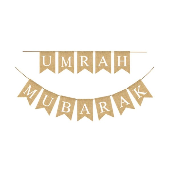 Umrah Mubarak Hessian Banner – Rustic Burlap Flag Bunting for